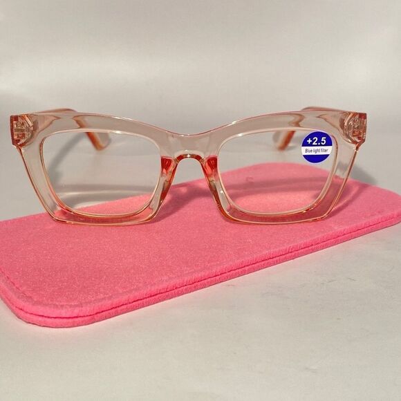 1069 Gretchen Reading Glasses 2.5 Square Clear Pink Frames Oversize NWT - Picture 2 of 10